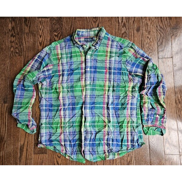 Ralph Lauren Long Sleeve Shirt Mens XXL Blue Green Plaid Classic Fit Red Pony - Picture 1 of 9